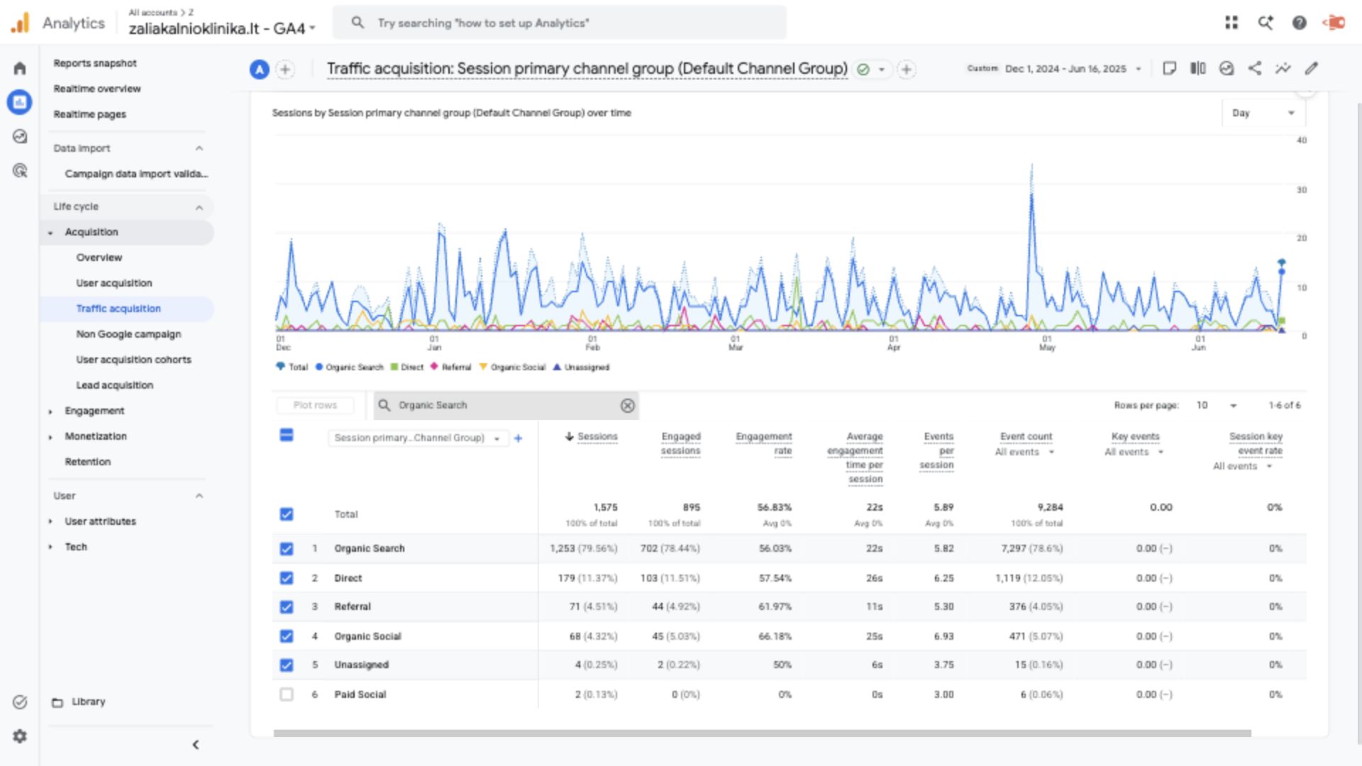 Žaliakalnio klinikos organinio srauto rezultatai SEO darbų laikotarpiu Google Analytics