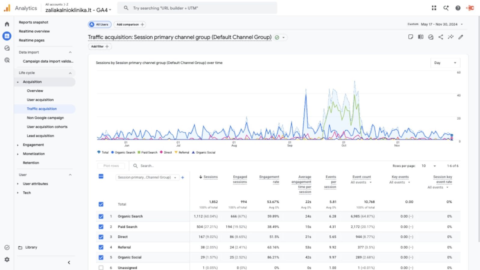Žaliakalnio klinikos organinis srautas prieš SEO darbus Google Analytics