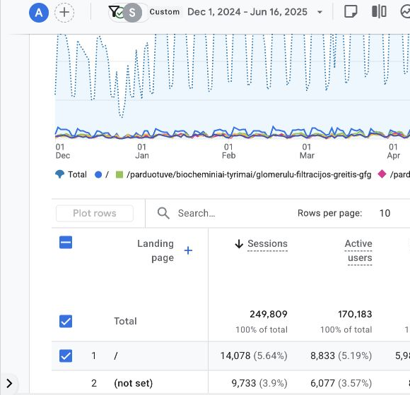 Google Analytics 4 organinių nukreipimo puslapių ir sesijų ataskaita