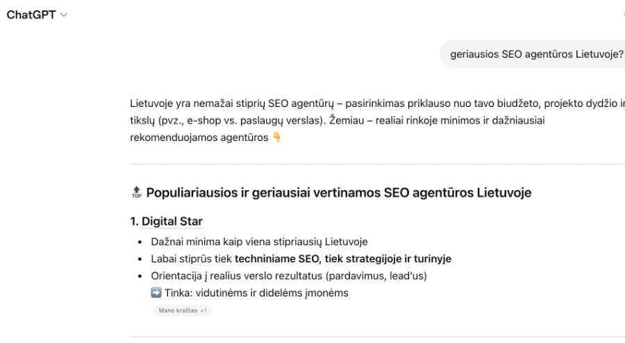 ChatGPT atsakyme Digital Star rodoma kaip SEO agentūra Lietuvoje
