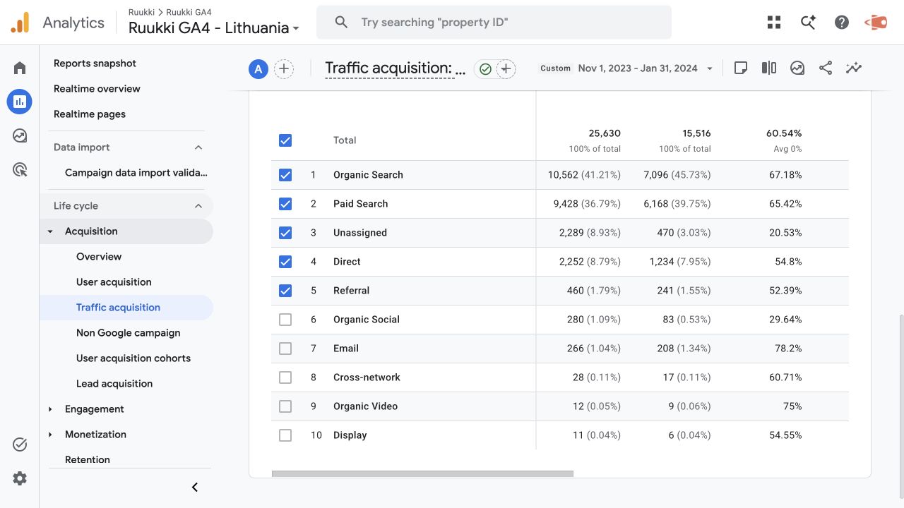 Google Analytics 4 „Ruukki“ organinės paieškos sesijos 2023 m. lapkričio–2024 m. sausio mėn.